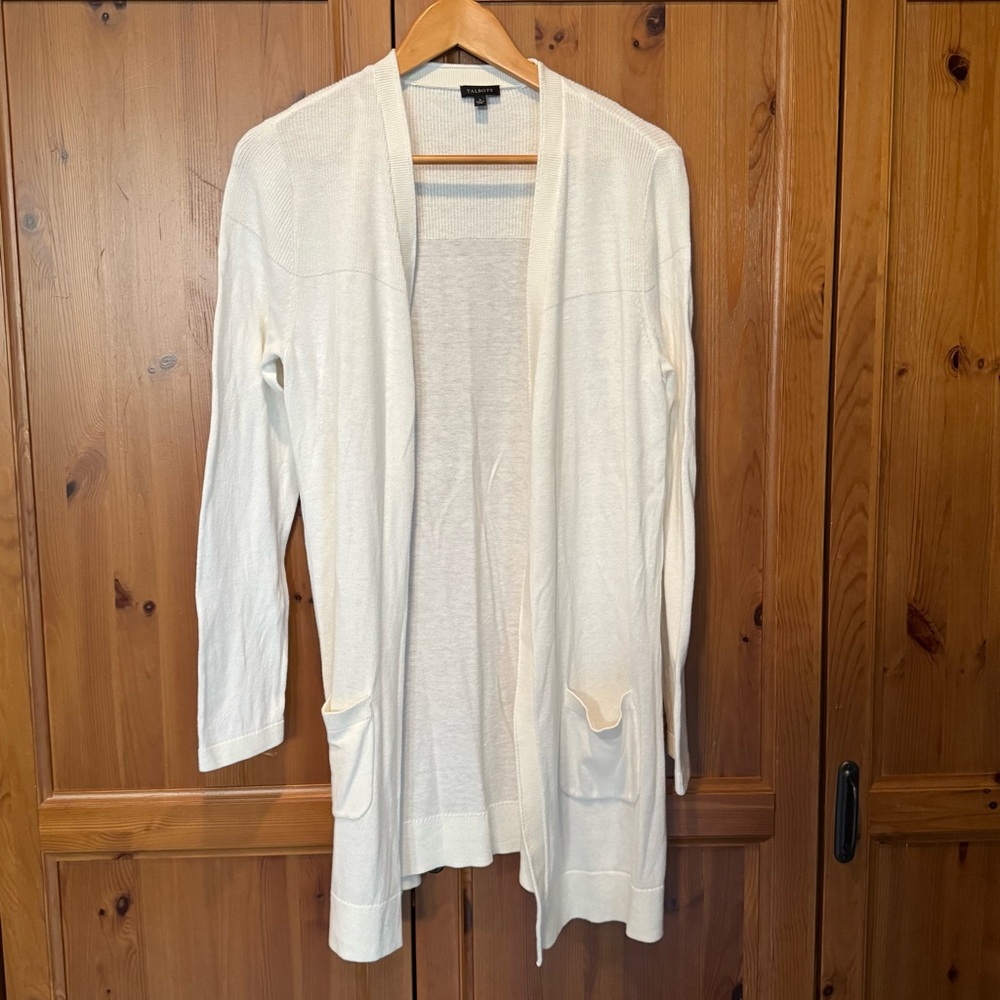 Talbots White Long Open Front Cardigan Cotton Blend Size L 20"x33"
